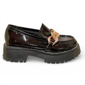 ASOS Women’s Blk Patent Lug Sole Platform Shoes W/Gold Chain Hardware SZ 6